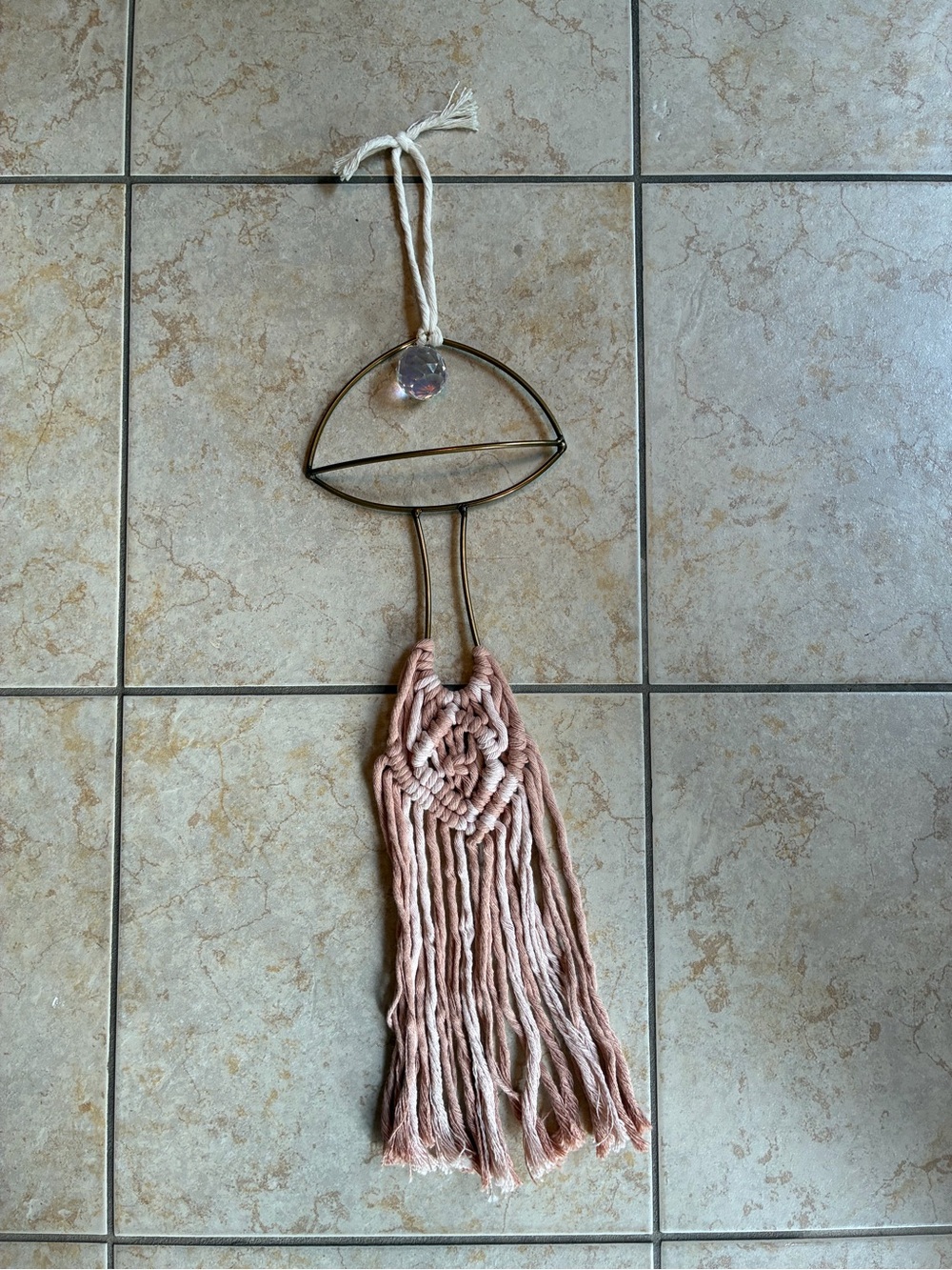 Macramé Wall Hanging with Suncatcher, Mushroom Metal Frame, & Rose Pink Fringe